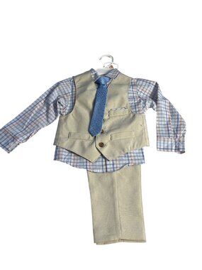Van Heusen Boys 4-Piece Suit Set 2T - Vest Shirt Tie Pants - Beige & Blue NWT